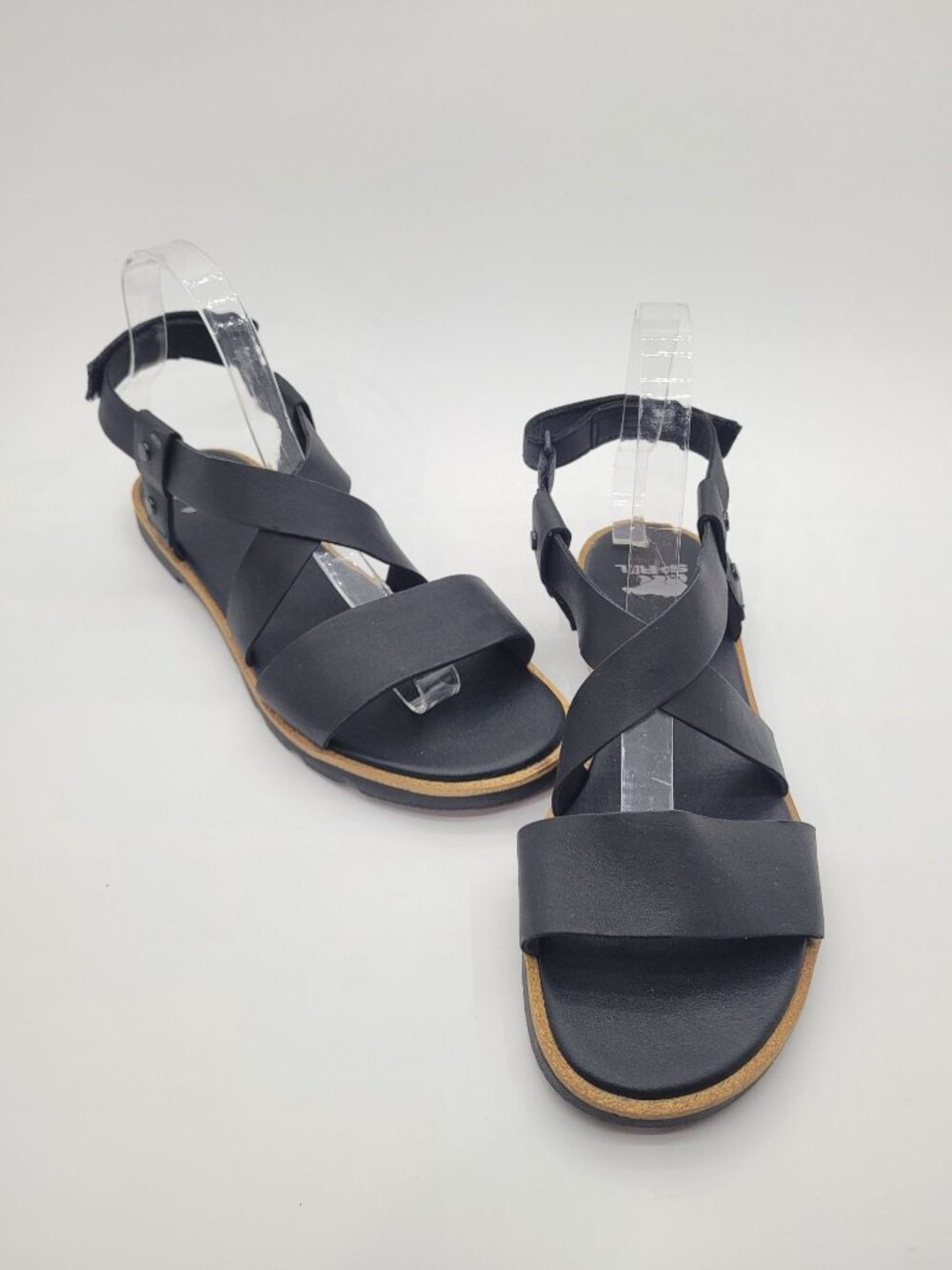 NWOB Sorel Ella Criss Cross Black Leather Adjustable Ankle Sandal Size 8.5